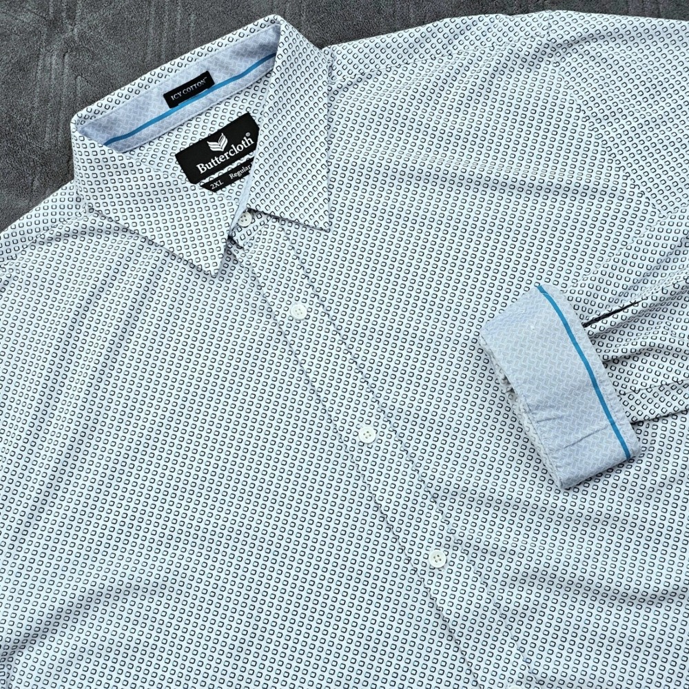 Buttercloth Button Up Shirt Mens 2XL White Blue Icy Cotton Geometric Regular Fit
